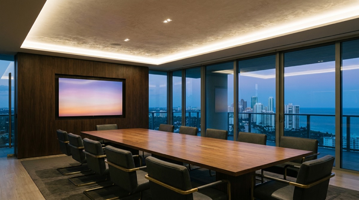 Executive boardroom at dusk with an integrated display