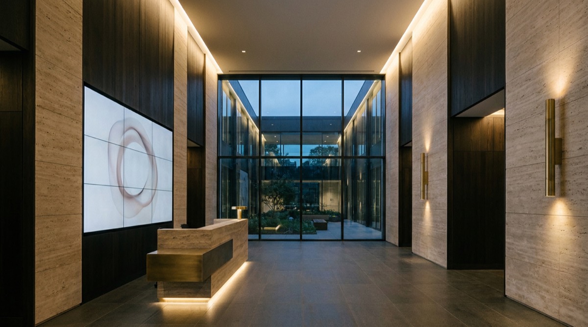 Corporate lobby at dusk with a video wall and concealed architectural lighting