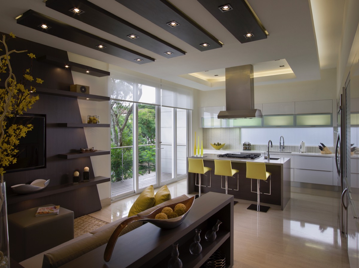 Contemporary kitchen with architectural ceiling detail