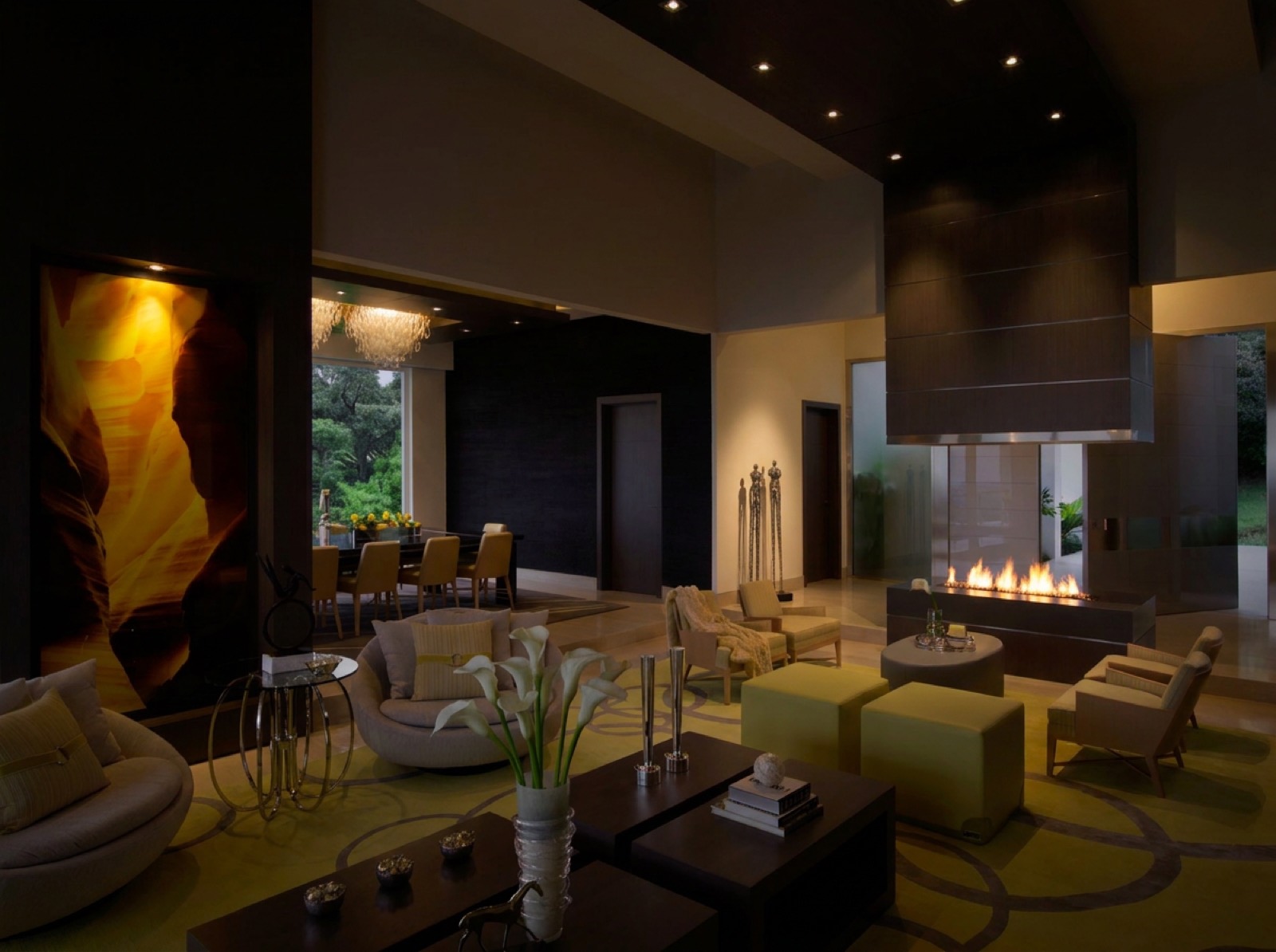 The same living and dining space lit with the accent layer only