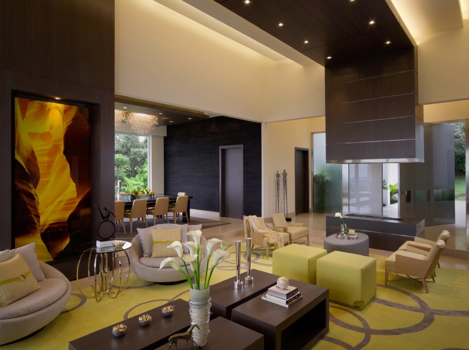The same living and dining space lit with the general layer only