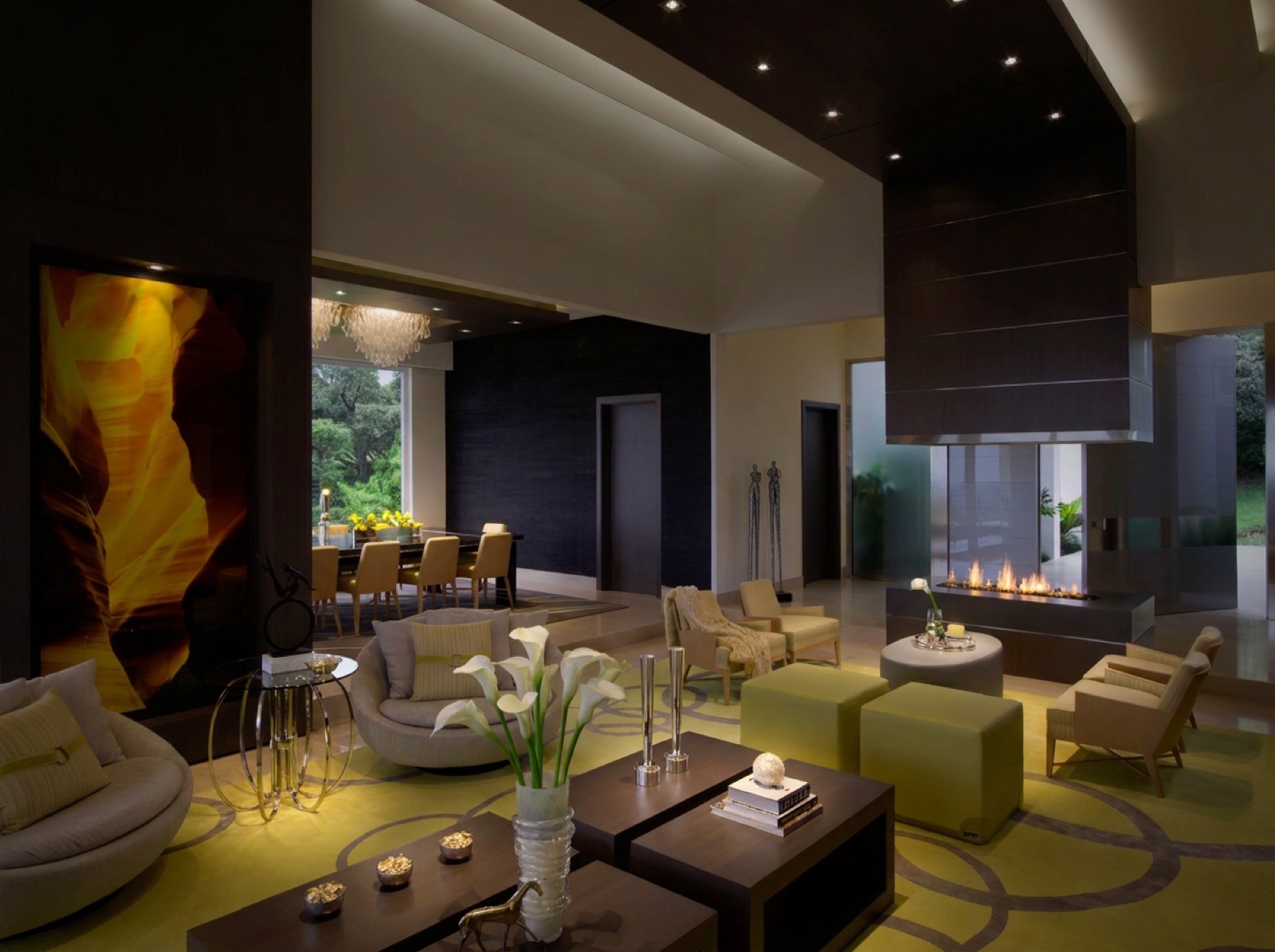 The same living and dining space lit with the task layer only