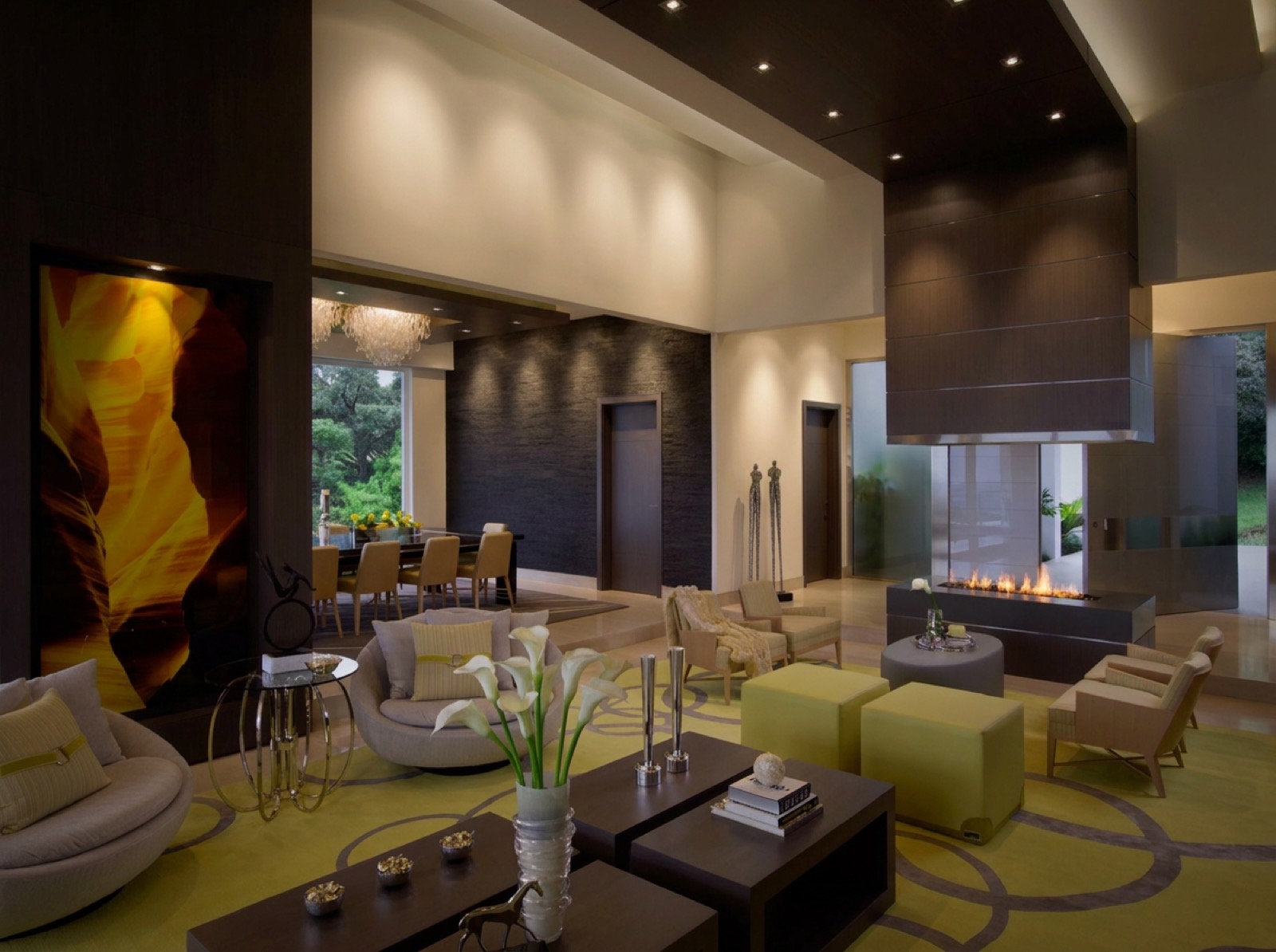 The same living and dining space lit with the wall wash layer only