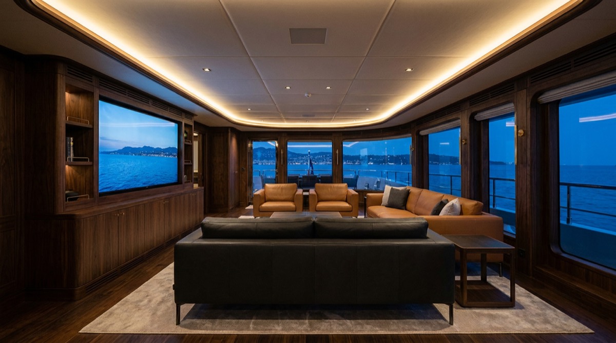 Superyacht main saloon with concealed cove lighting