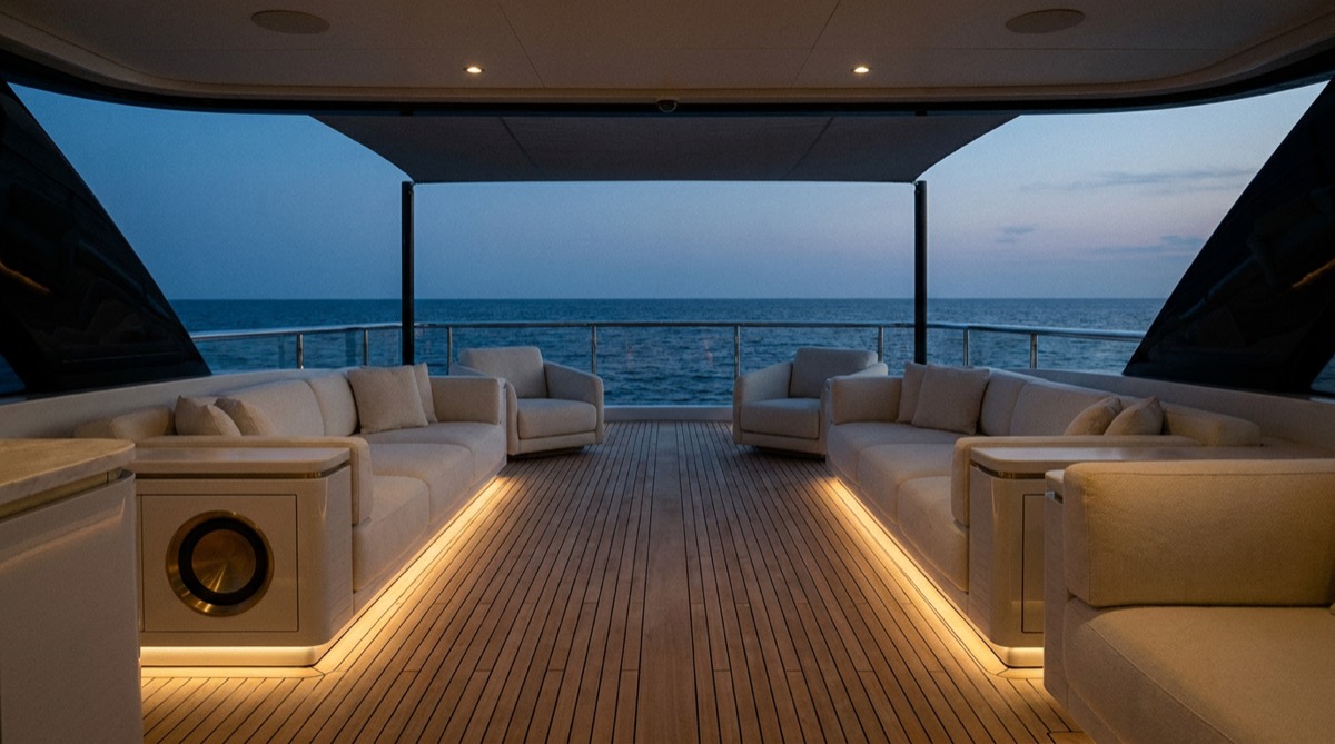 Superyacht sundeck lounge at dusk